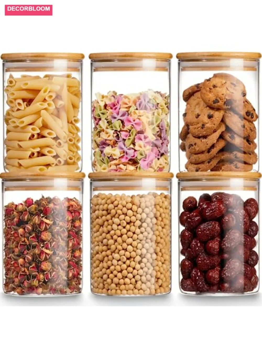 Set of 6 Glass Storage Jars with Airtight Bamboo Lids, 27 oz Each, BPA-Free,